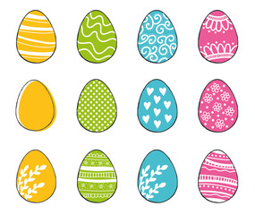 Happy Easter with cute cartoon eggs colorful hand drawing. Isolated objects on white background. Vector illustration. Festive design elements. Concept for greeting card, invitation. 