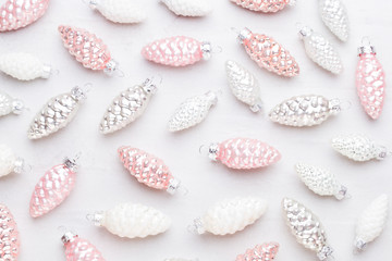 Christmas composition. Gifts, cones decorations on white background. Christmas, winter, new year concept. Flat lay, top view, copy space..  Flat lay. Top view.