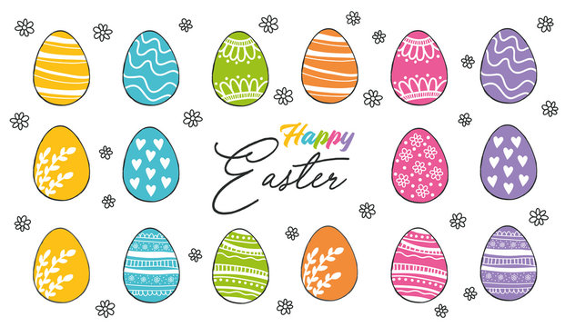 Happy Easter with cute cartoon eggs colorful hand drawing. Isolated objects on white background. Vector illustration. Festive design elements. Concept for greeting card, invitation. 