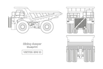 Blueprint of mining dumper on white background. Side, back and front view. Outline heavy truck image. Industrial drawing of cargo car. Diesel  automobile blueprint