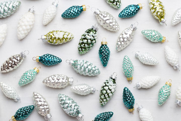 Christmas composition. Gifts, cones decorations on white background. Christmas, winter, new year concept. Flat lay, top view, copy space..  Flat lay. Top view.