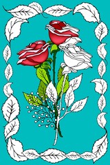 roses on a blue background black and white coloring