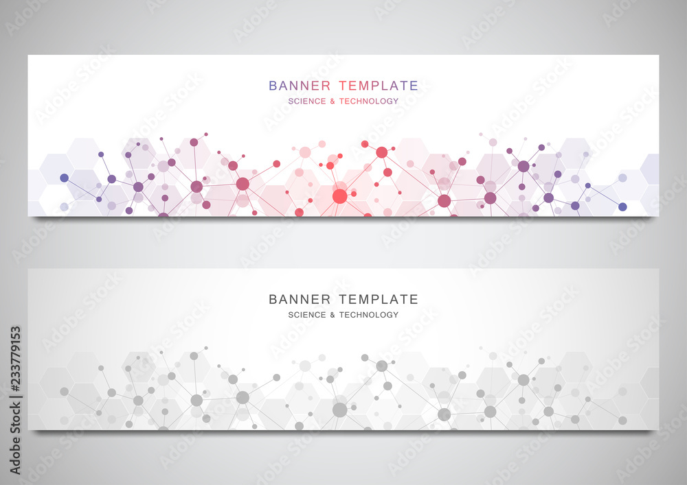 Wall mural vector banners and headers for site with molecules background and neural network. genetic engineerin