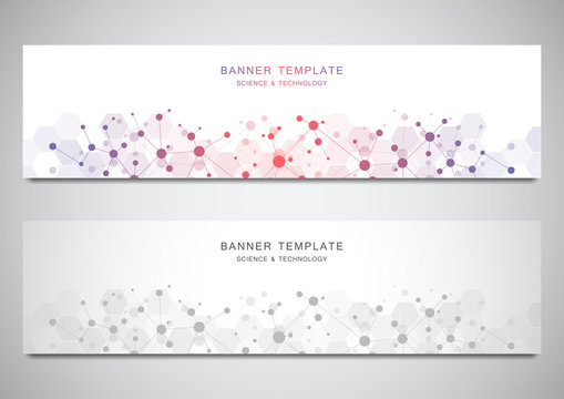 Vector banners and headers for site with molecules background and neural network. Genetic engineering or laboratory research. Abstract geometric texture for medical, science and technology design.