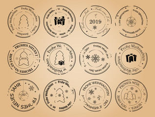 happy new year and merry christmas - vintage vector postage stamps with snowflakes on german