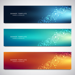Vector banners and headers for site with DNA strand and molecular structure. Genetic engineering or laboratory research. Abstract geometric texture for medical, science and technology design.