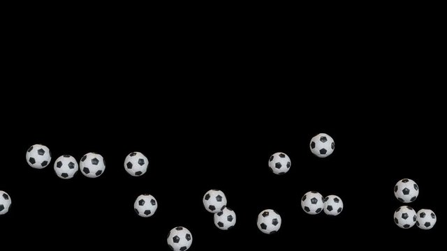 Soccer balls bounce and cross the screen at the bottom by spinning 4k Alpha Channel loops