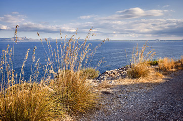 Scenic coastal trail path at sunset, Mallorca, Spain.