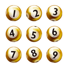 Fototapeta na wymiar Vector Bingo Lottery Number Golden Balls 1 to 9 Set Isolated on White Background.