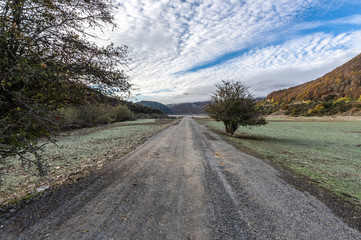 Landscape photography in with two trees one on each side of the ruin road in the middle of a valley that is generally covered by the waters of the reservoir of Riaño, in Leon (Spain).