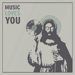 jesus disk jockey with music plate and glass