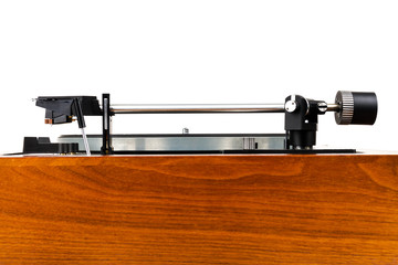 Side view of vintage turntable vinyl record player isolated on white