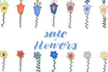 Fototapeta na wymiar Sale of flowers hand lettering. Hand drawn flowers and leaves doodle. Yellow, blue, red flowers. Green leaves.