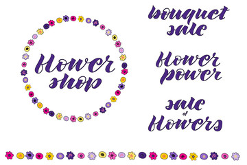 Set of flower lettering and doodle wreath with horizontal border.