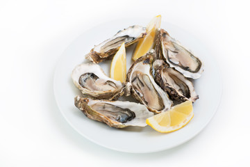 Fresh oysters. Raw fresh oysters on white round plate, image isolated, with soft focus. Restaurant delicacy. Saltwater oysters