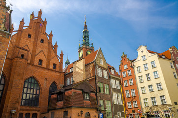 Artus Court, facade of typical colorful houses, Gdansk, Poland