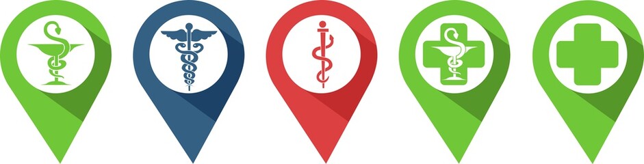 Pictograms of doctors, pharmacists and nurses in pins to find them