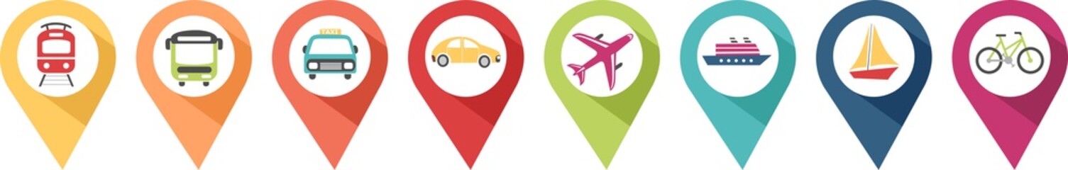 Pictograms of transport vehicles in coloured pins to locate a location - obrazy, fototapety, plakaty