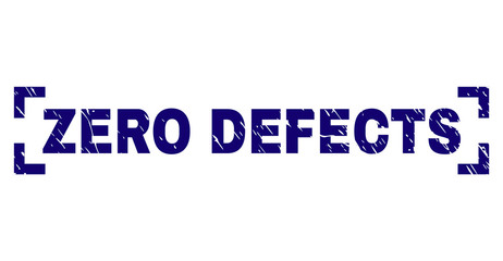 ZERO DEFECTS text seal imprint with grunge texture. Text title is placed between corners. Blue vector rubber print of ZERO DEFECTS with grunge texture.