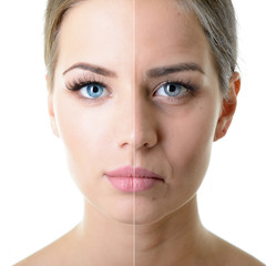 Anti-aging concept. Portrait of beautiful woman with problem and clean skin. Aging and youth...