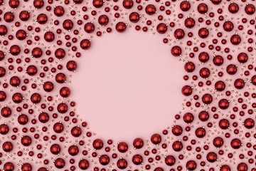 Minimal christmas background composition. Scattered red decoration balls and stars on pastel pink background with a circle frame. 3D rendering.