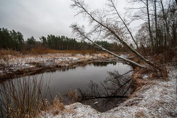 river of Gauja near Valmiera with sandstone cliffs and calm water in early winter