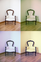 Set of four different color photos of empty room with armchair and white wall. Abstract accommodation. Minimalism in lodging.