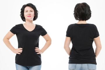 Women black blank t shirt, front and back rear view isolated on white background. Template shirt, copy space and mock up for print design.