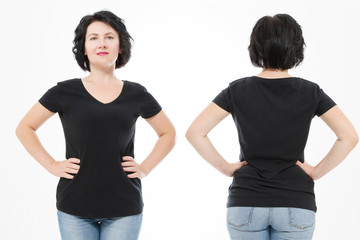 Women black blank t shirt, front and back rear view isolated on white background. Template shirt, copy space and mock up for print design.