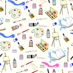 Hand drawn bright art tools. Colored graphic vector seamless pattern