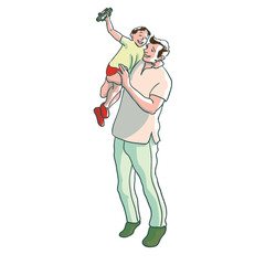 Father is playing with his son. Family time vector illustration, concept of happy parenting and childhood