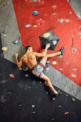 Rear view of male shirtless athlete in sportive shorts and belay system climbing up on wall painted...