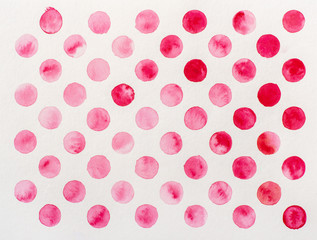 Watercolor of abstract dotted background. Striped watercolor drawing, design elements. Abstract background of red rounds over white.