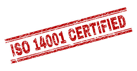 ISO 14001 CERTIFIED seal imprint with corroded effect. Red vector rubber print of ISO 14001 CERTIFIED caption with corroded texture. Text caption is placed between double parallel lines.