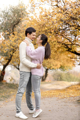 Fototapeta premium Couple in love in the autumn leaves