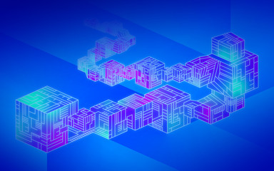 The image illustrates blockchain - the series of data blocks. Background in blue colors.
