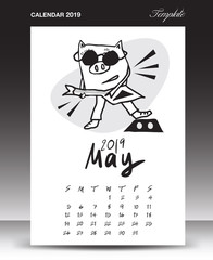 Pig calendar for 2019, Lettering calendar, May 2019 template, hand-drawn pig cartoon vector illustration Can be used for postcard, gift card, banner, poster, card and printable, china calendar