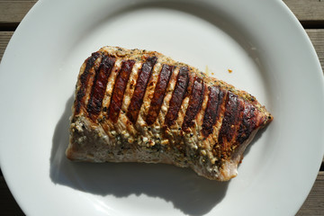 Grilled pork meat with stripes.