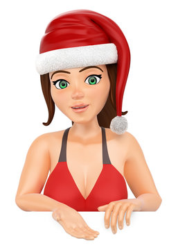 3D Woman in bikini with santa hat pointing down