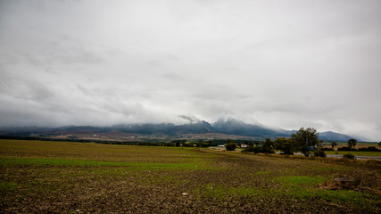 Fototapeta premium cloudy and misty Slovakian Western Carpathian Tatra Mountain skyline covered with forests and trees