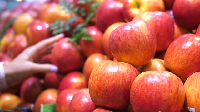 Close Up Of Female Hand Choosing Apple Fruit In Supermarket