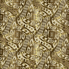 Gold geometric greek 3d seamless pattern background wallpaper with abstract wave rhombus, squares, frames, shapes, holes and greek key meander ornaments. Luxury textured vector design. 3d wallpaper