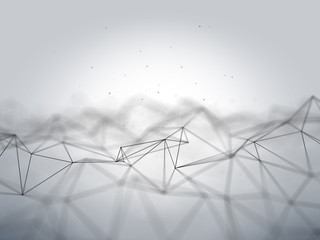 Futuristic polygonal background of low poly surface with connected dots and lines. Abstract 3d rendering.