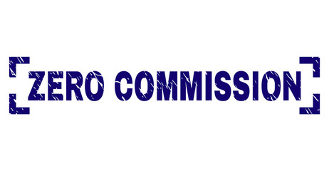 ZERO COMMISSION text seal print with grunge texture. Text tag is placed inside corners. Blue vector rubber print of ZERO COMMISSION with scratched texture.