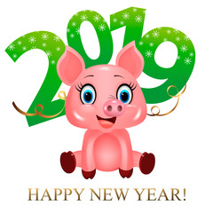 Green Digits with snowflakes 2019 and cute pig, zodiac symbol in the Chinese calendar the of the 2019 Year isolated on white background. Vector