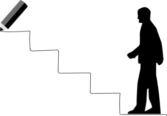 Man is climbing career ladder. pencil drawing stairs. Concept of business development. Vector illustration flat design. Isolated on white background. Step by step.