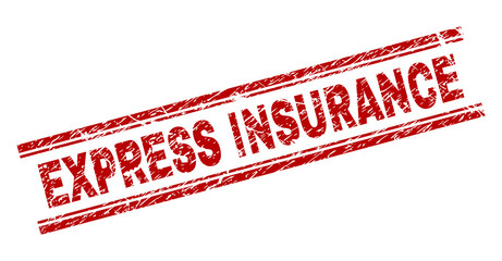 EXPRESS INSURANCE seal print with grunge effect. Red vector rubber print of EXPRESS INSURANCE text with grunge texture. Text caption is placed between double parallel lines.