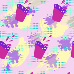 Vector seamless pattern with glass of fresh, dots, chaotic strokes and blots of color trends. For textile and fabric, cover, print on clothes. Creative colorful background. EPS10.