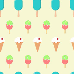 Vector seamless pattern with different ice cream. Background for textile or fabric, restaurant or  dessert cafe menu, design banners, wrapping paper for sweets shop. Creative cute colorful wallpaper. 