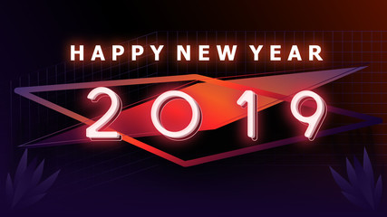 Happy new year 2019 Visual colorful neon glowing ligth text and number with blurry gradient blackground illustations in vector EPS10